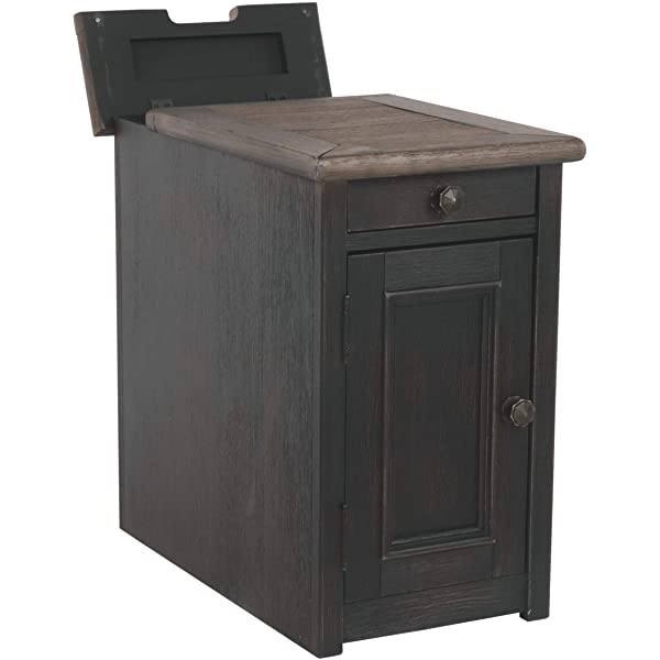 Signature Design by Ashley Tyler Creek Rustic Chair Side End Table with Pull-Out Tray & USB Ports, Brown Blackish Brown Table