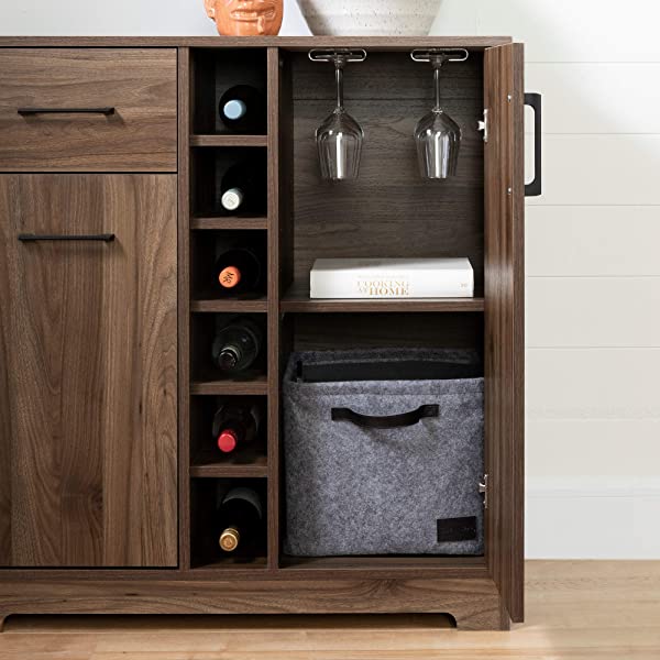 South Shore Bar Cabinet with Bottle and Glass Storage, Black Oak Black Oak Bar Cabinet
