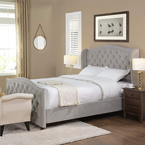 Jennifer Taylor Home Marcella Collection Queen Wingback Tufted Hand-Applied Nail Heads Upholstered Bed, Antique White Antique White Queen