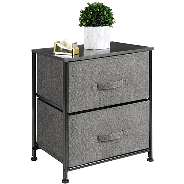 mDesign Storage Dresser End/Side Table Night Stand Furniture Unit - Small Standing Organizer for Bedroom, Office, Living Room, and Closet - 2 Drawer Removable Fabric Bins - Gray/White Grey