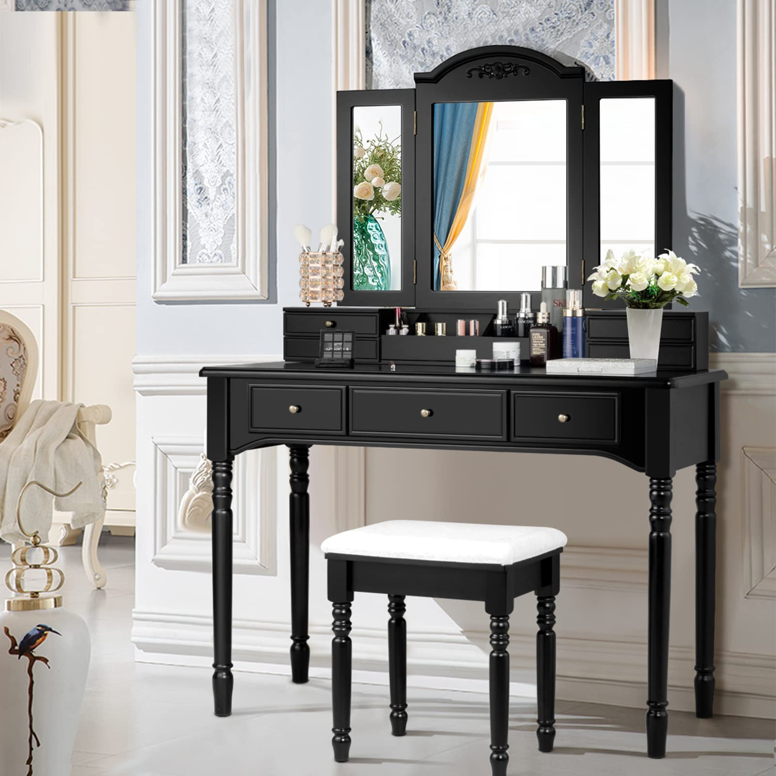 【Furniture】Vanity Desk Set, Dressing Table with Trifold Mirror, 8 Necklace Hooks, 7 Drawers